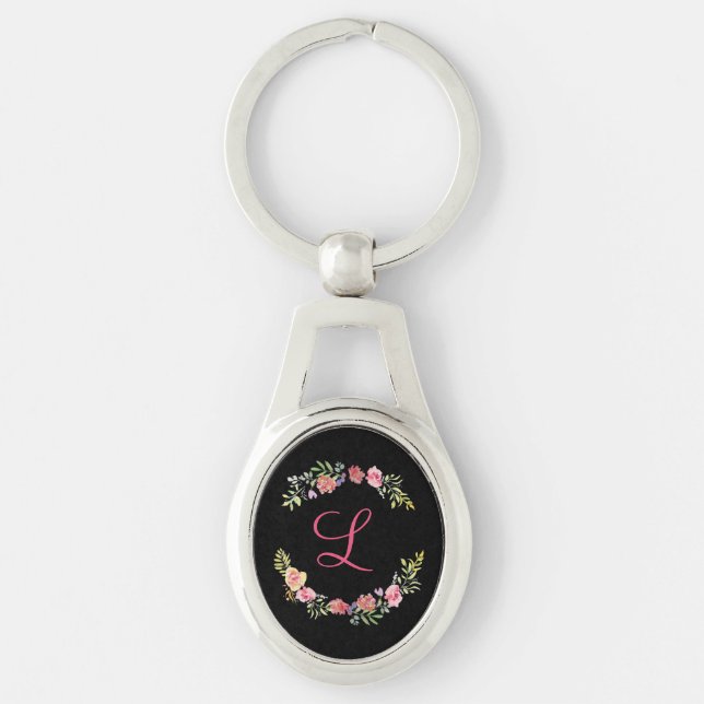 Porte-clés Fleurs aquarelles rose, jaune et vert Monogramme  (Devant)