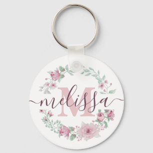 Porte-clés Fleurs aquarelles roses personnalisées