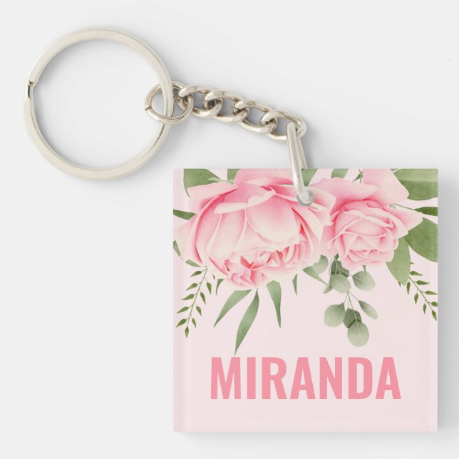 Porte-clés fleurs aquarelles roses tendance (Devant)