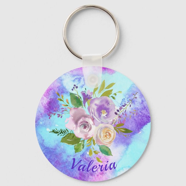 Porte-clés Fleurs aquarelles violettes adorables (Recto)