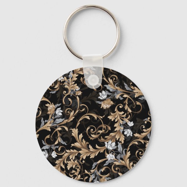 Porte-clés Fleurs baroques classiques : arrière - plan noir. (Recto)