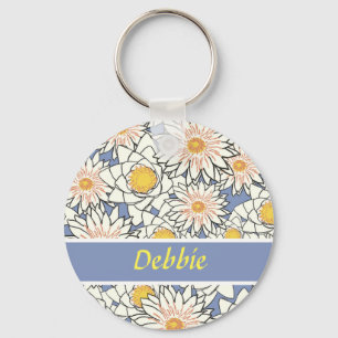 Porte-clés Fleurs blanches en bleu