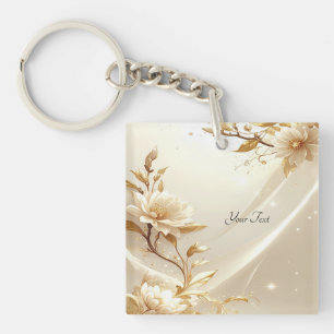 Porte-clés Fleurs Blanches et Dorées