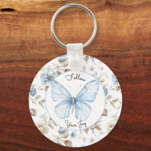 Porte-clés Fleurs bleues romantiques Papillon Feuilles brunes