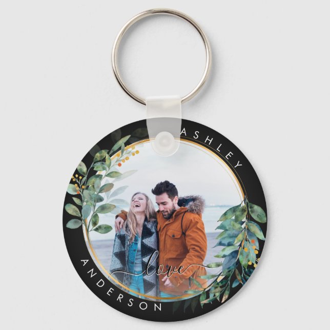 Porte-clés Fleurs Botaniques Dorées Vertes Aquarelle Couple (Recto)