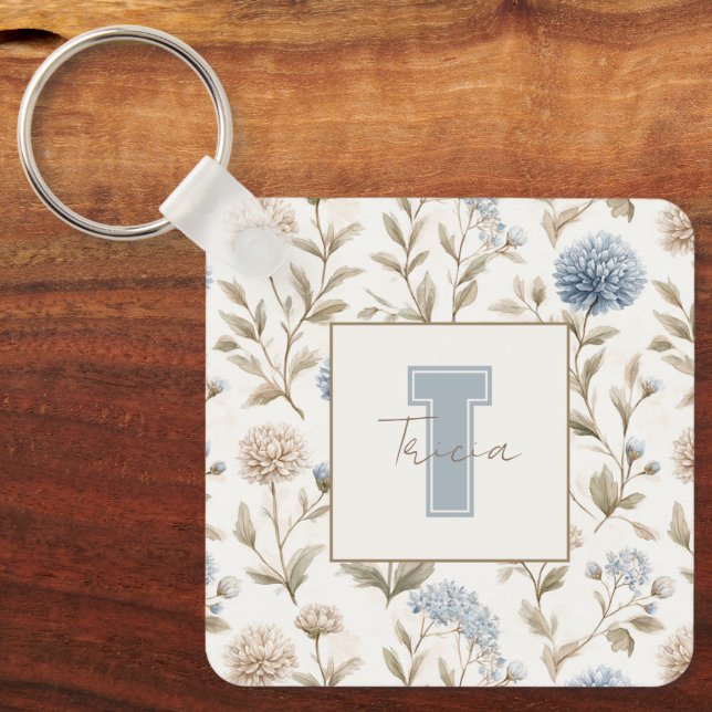 Porte-clés Fleurs Brunes Bleues Crème Monogramme Initial Nom (Recto)