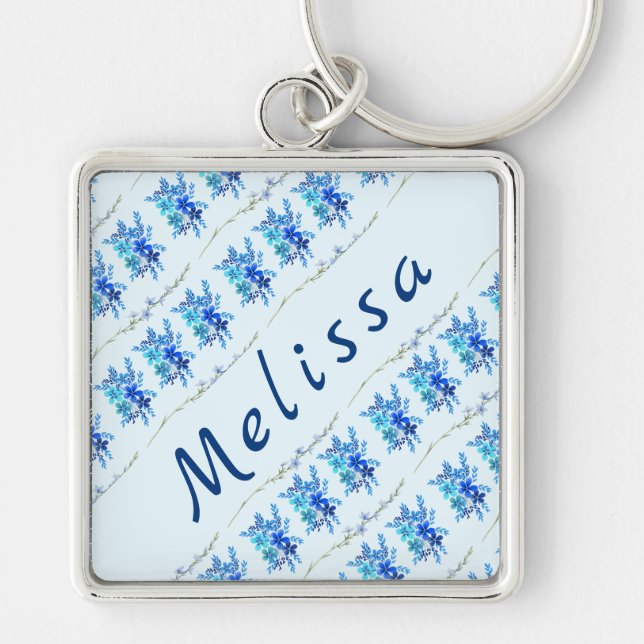 Porte-clés Fleurs d'aquarelle bleu botanique tendance (Devant)
