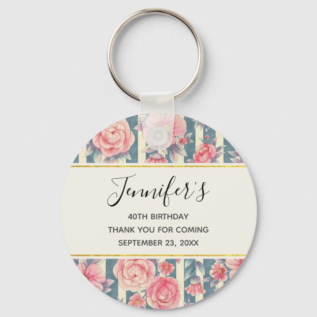 Porte-clés Fleurs d'aquarelle rose sur rayures Anniversaire (Recto)