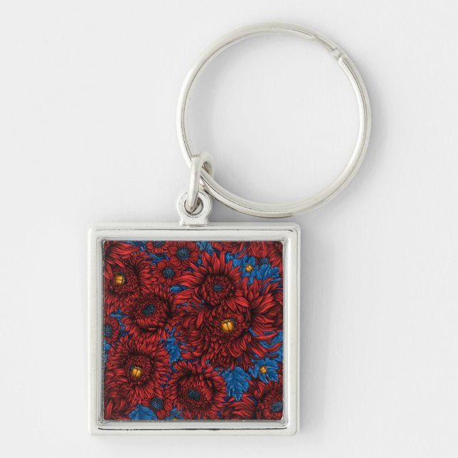 Porte-clés Fleurs de chrysanthème rouge et coléoptères orange (Devant)