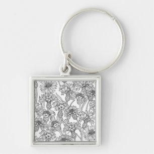 Porte-clés Fleurs de Cornflowers, fleurs sauvages en noir et