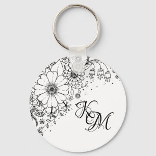 Porte-clés Fleurs de Doodle Noir et Blanc Couleur dans l'imag