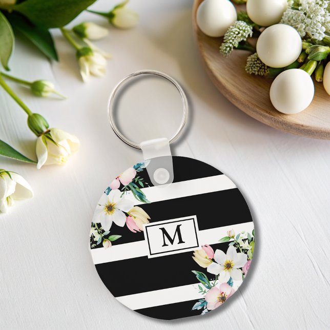 Porte-clés Fleurs de fille Monogramme noir blanc rayé (Créateur téléchargé)