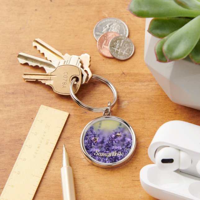 Porte-clés Fleurs de lavande mignonnes abeilles avec nom (Bureau)