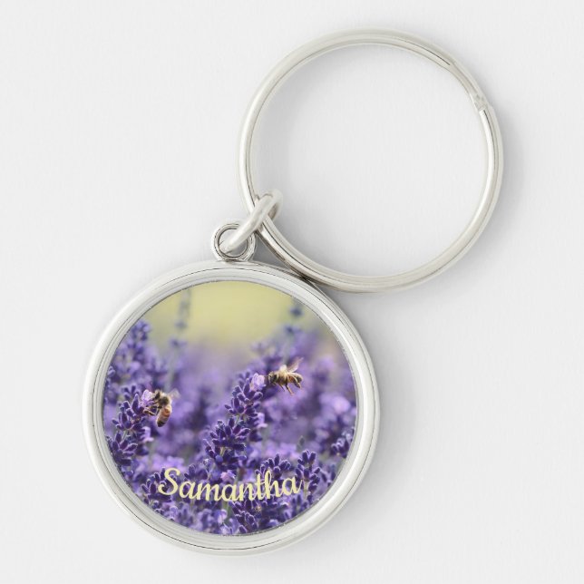 Porte-clés Fleurs de lavande mignonnes abeilles avec nom (Devant)