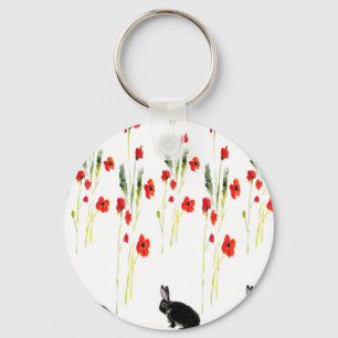 Porte-clés Fleurs de pavot et un lapin mignon