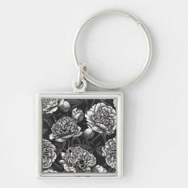 Porte-clés Fleurs de pivoines blanches sur gris foncé (Devant)
