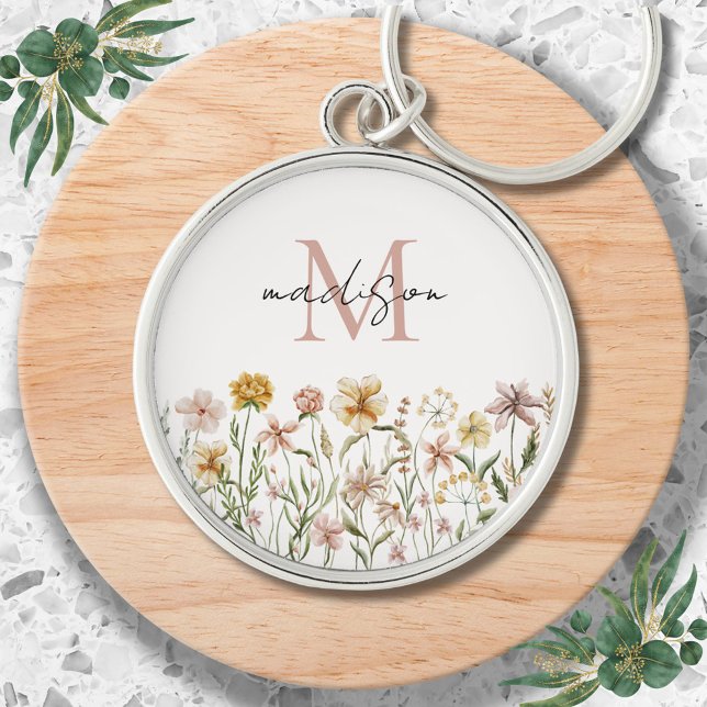 Porte-clés Fleurs de prairie sauvage aquarelle monogrammée (In situ)