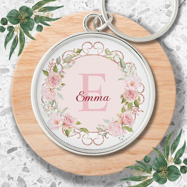 Porte-clés Fleurs de rose rose poudré en aquarelle à monogram (In situ)