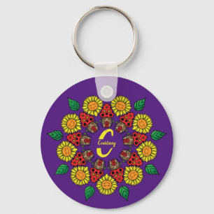 Porte-clés Fleurs de soleil et champignons Mandala Purple per
