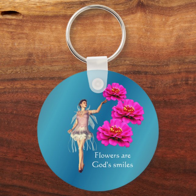 Porte-clés Fleurs de zinnia rose et fée inspirantes (Recto)