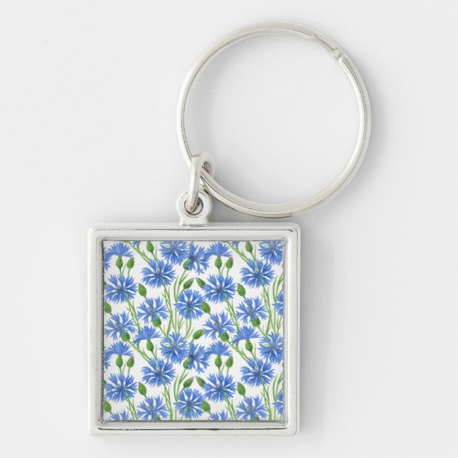 Porte-clés Fleurs d'eau bleu, fleurs sauvages sur blanc (Devant)