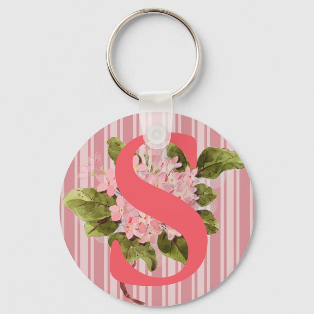 Porte-clés Fleurs d'hortensia rose Monogramme Rayures Féminin (Recto)