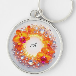 Porte-clés Fleurs d'orchidées enchâssées dans des cristaux