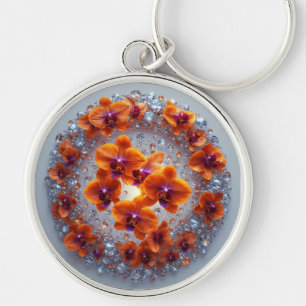 Porte-clés Fleurs d'orchidées enchâssées dans des cristaux
