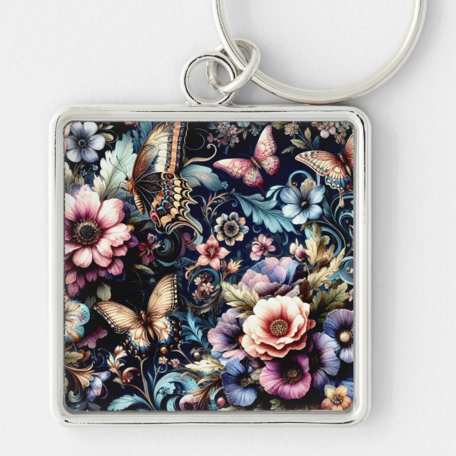 Porte-clés Fleurs et papillons de printemps antiques (Devant)