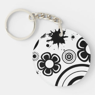 Porte-clés Fleurs fantaisistes noires, cercles, motif éclabou