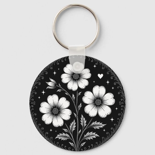 Porte-clés Fleurs gothiques noir et blanc (Recto)