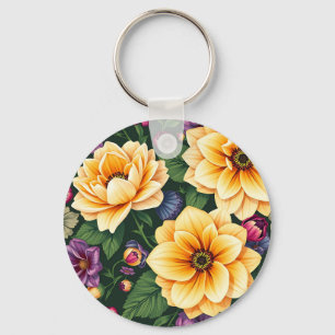 Porte-clés Fleurs Jaunes et Violettes Bleues Florales colorée