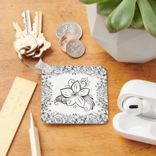 Porte-clés Fleurs Noir Blanc, Beauté Monochrome (Bureau)