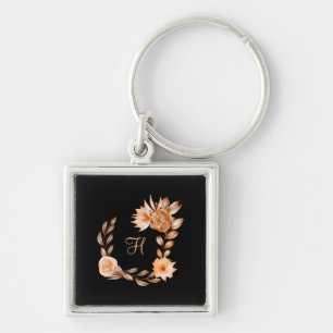 Porte-clés Fleurs noir marron et pêche monogrammées