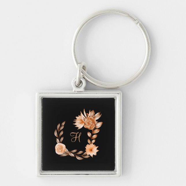 Porte-clés Fleurs noir marron et pêche monogrammées (Devant)