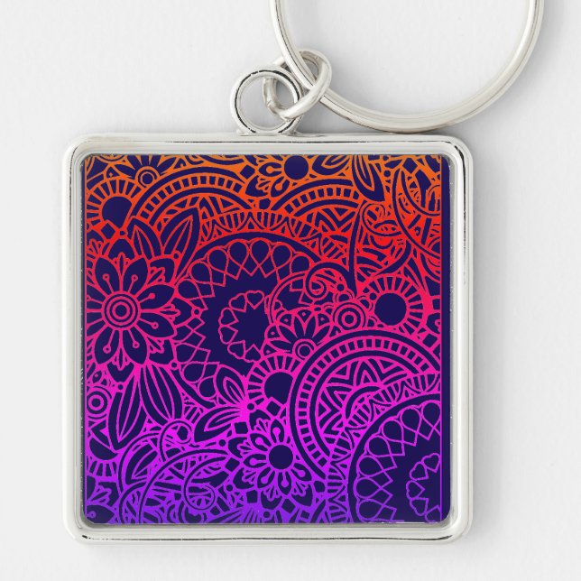 Porte-clés Fleurs orange violet et fond bleu marine (Devant)