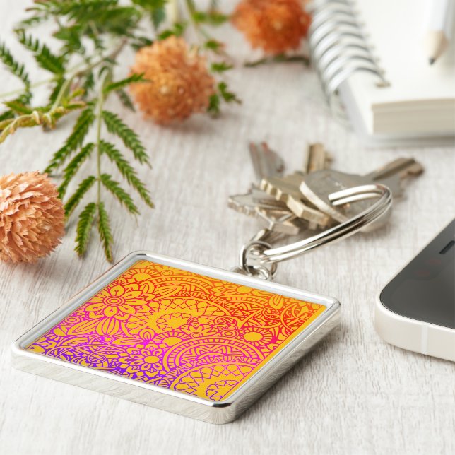 Porte-clés Fleurs orange violet et fond jaune K (Côté)