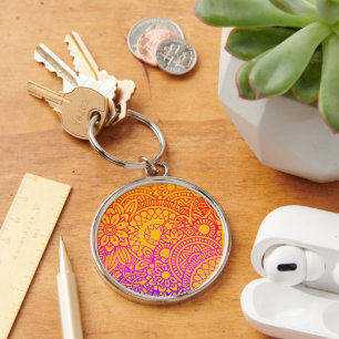 Porte-clés Fleurs orange violet et fond jaune K