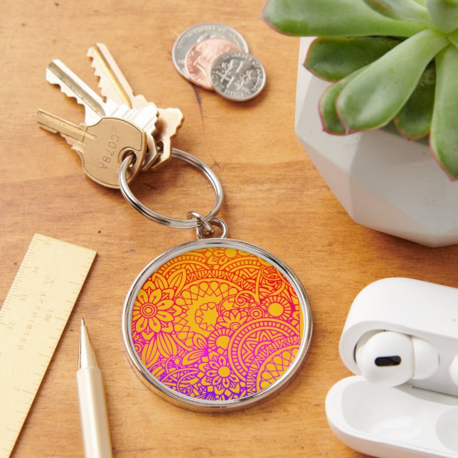 Porte-clés Fleurs orange violet et fond jaune K (Bureau)