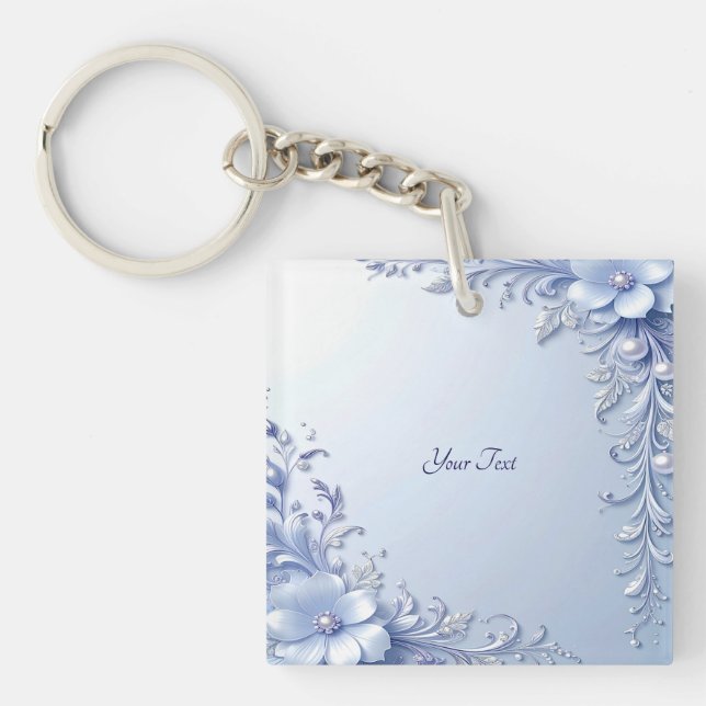 Porte-clés Fleurs Ornementales Bleues avec Perles (Devant)