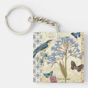 Porte-clés Fleurs, papillons, et collage d'oiseau