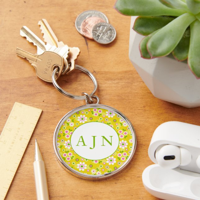 Porte-clés Fleurs rétro mod jaunes et blanches avec monogramm (Bureau)