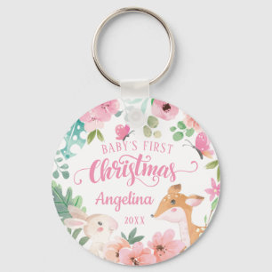 Porte-clés Fleurs rose pâle pour le 1er Noël de bébé en forêt
