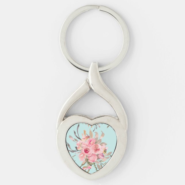 Porte-clés Fleurs rose pâle sur bleu clair (Devant)