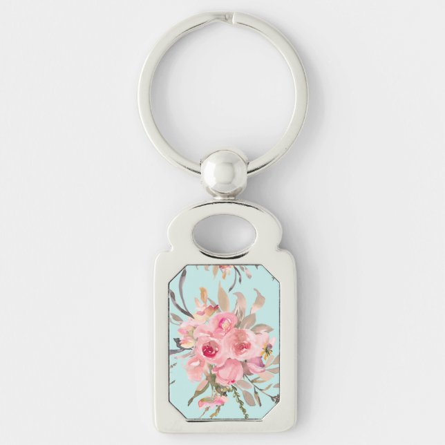 Porte-clés Fleurs rose pâle sur bleu clair (Devant)
