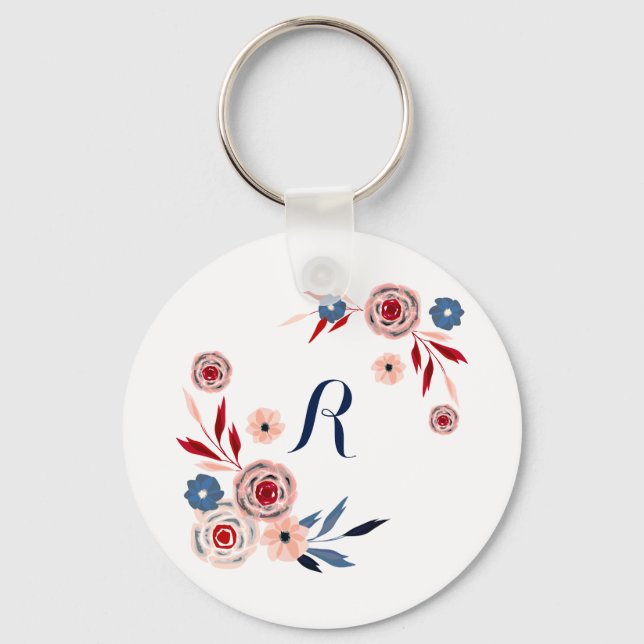 Porte-clés Fleurs roses et bleues, motif floral, personnalisé (Recto)