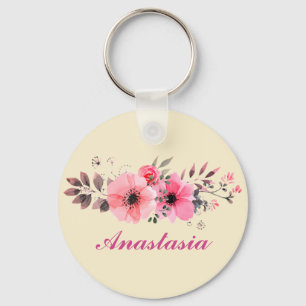 Porte-clés Fleurs roses Extraordinaires avec votre nom