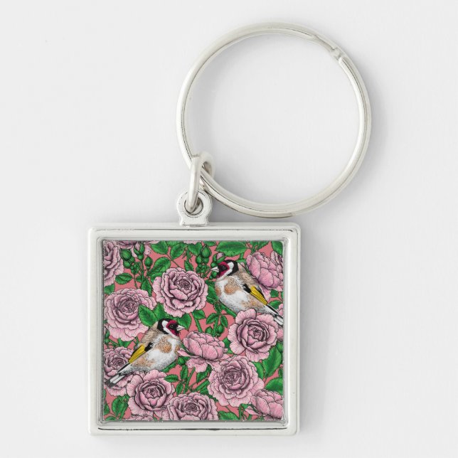 Porte-clés Fleurs roses roses et oiseaux dorés (Devant)
