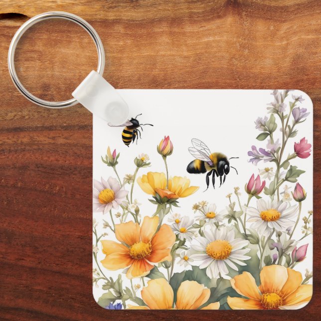 Porte-clés Fleurs sauvages et Abeilles de miel Aquarelle (Recto)