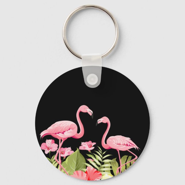 Porte-clés Fleurs tropicales et design de flamants roses (Recto)